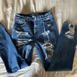 American Eagle Outfitters Distressed Skinny Jeans in Dark Blue